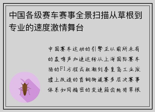 中国各级赛车赛事全景扫描从草根到专业的速度激情舞台